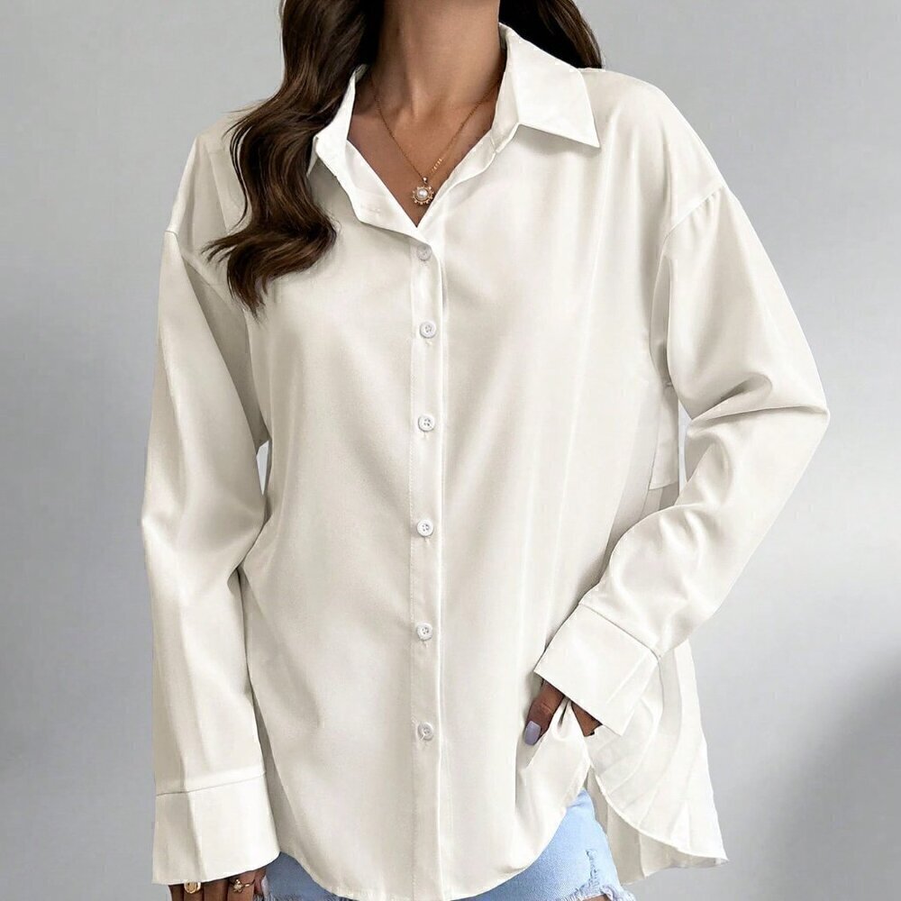 Apricot Casual Women's Solid Color Drop Shoulder Long Sleeve Back Pleated Shirt